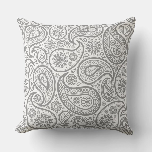 White Paisley On Gray Background Throw Pillow (Front)