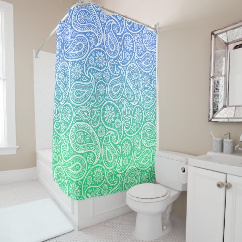 White paisley on green to blue ombre shower curtain