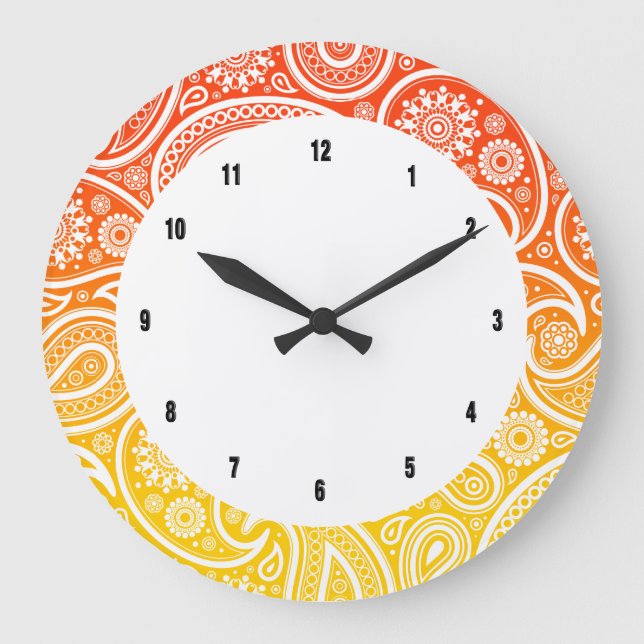 White paisley on orange to yellow ombre large clock (Front)