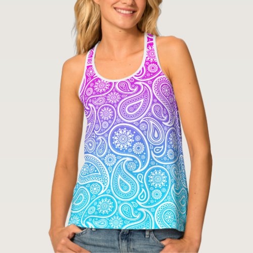 White paisley on pink to blue ombre tank top