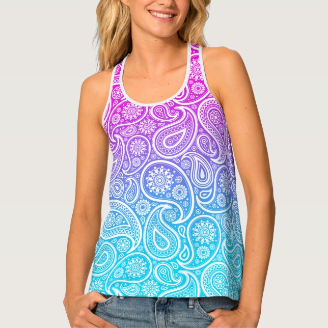 White paisley on pink to blue ombre tank top (Front)