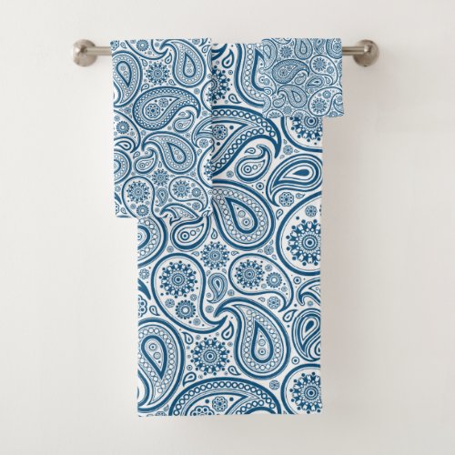 White paisley pattern a blue background bath towel set