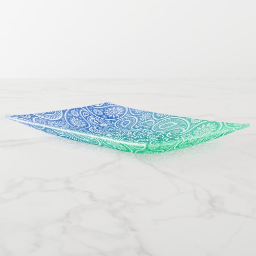 White paisley pattern on blue to green ombre trinket tray