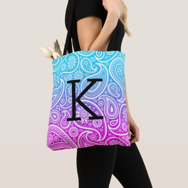 White paisley pattern on blue to pink ombre tote bag (Close Up)