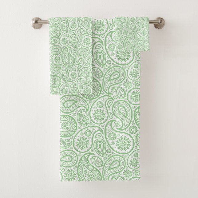 White paisley pattern on green background bath towel set (Insitu)