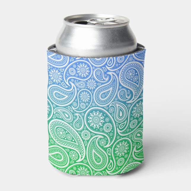 White paisley pattern on green to blue ombre can cooler (Can Front)