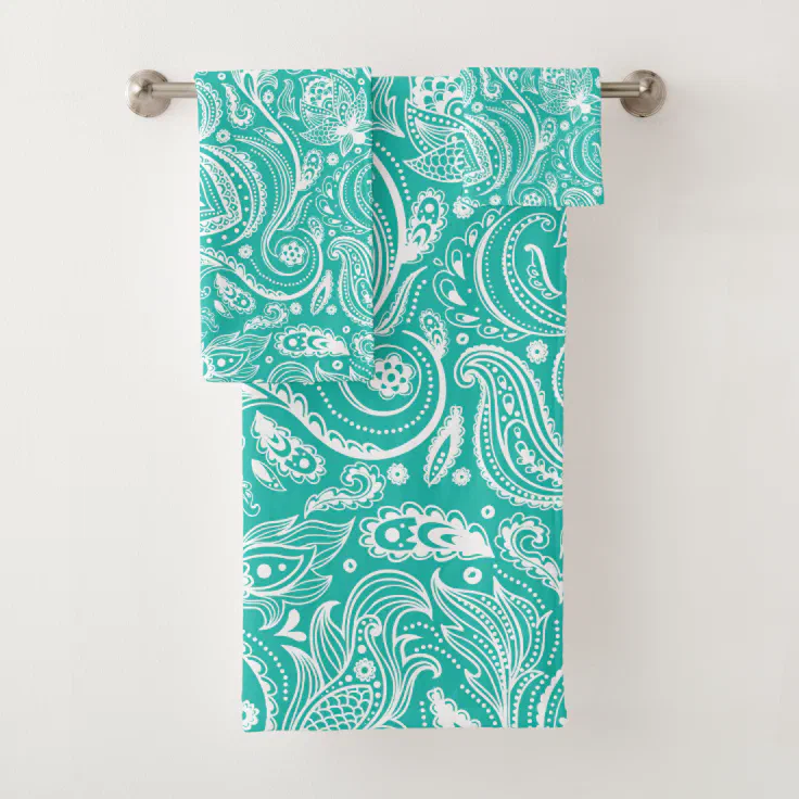White paisley pattern on mintgreen bath towel set Zazzle