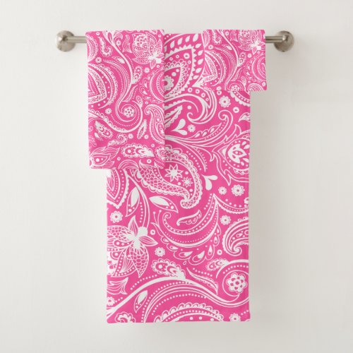 White paisley pattern on pink background bath towel set