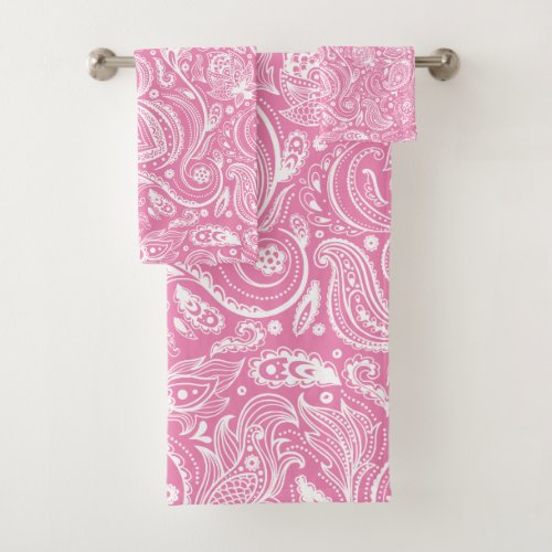 White paisley pattern on pink bath towel set