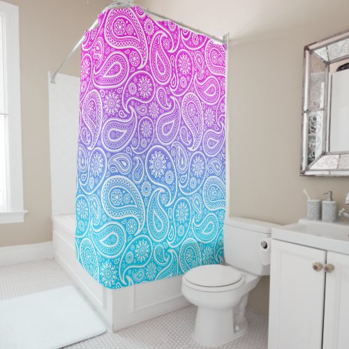 White paisley pattern on pink to blue ombre shower curtain