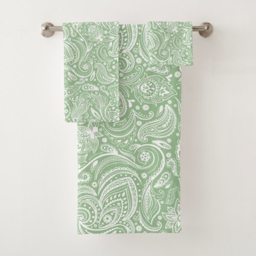 White paisley pattern on sage green background bath towel set