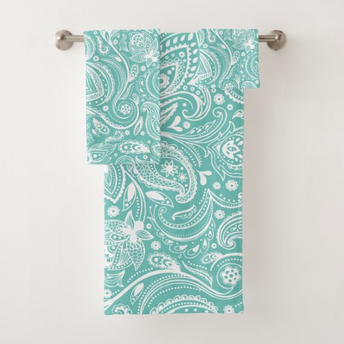 White paisley pattern turquoise background bath towel set