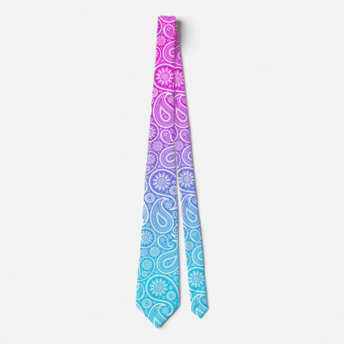 White paisley pink to blue ombre neck tie