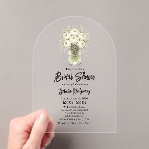 White Palette Ranunculus Mason Jar Bridal Shower Acrylic Invitations