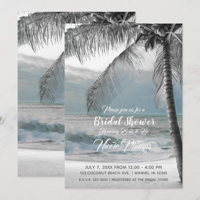 White Palm Coconut Tree Beach Bridal Shower Invitation (Front/Back)