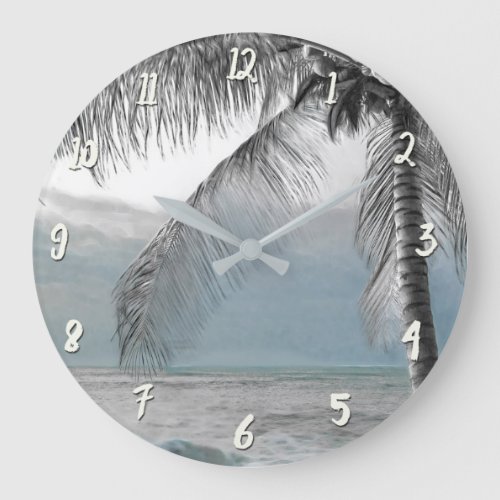 White Palm Coconut Tree Elegant Beach Large Clock