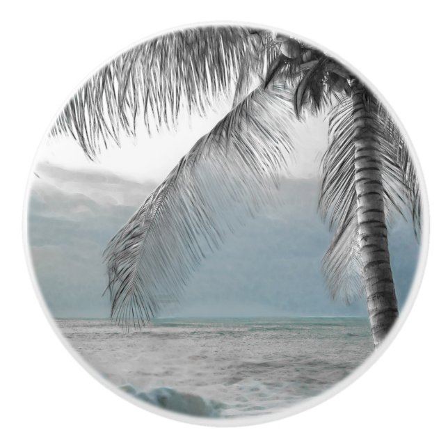 White Palm Coconut Tree Elegant Beach Paradise Ceramic Knob (Front)