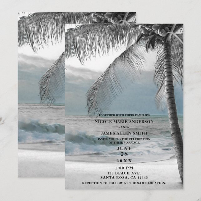 White Palm Coconut Tree Elegant Beach Wedding Invitation (Front/Back)