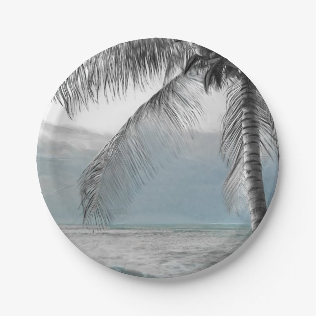 White Palm Coconut Tree Elegant Beach Wedding Paper Plates (Front)