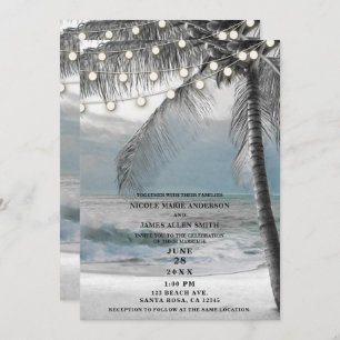 White Palm Coconut Tree & Lights Beach Wedding Invitation