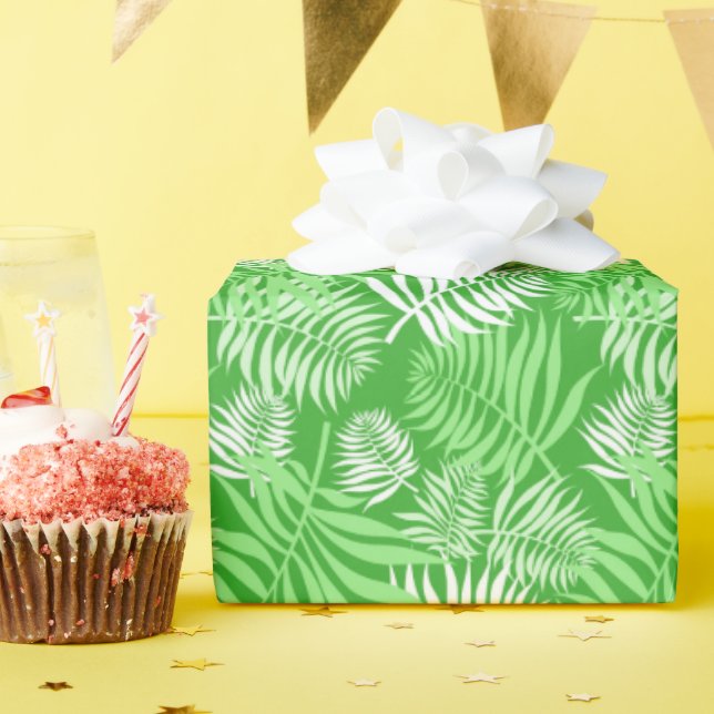 White Palm Frond on Green Wrapping Paper (Birthday Party)