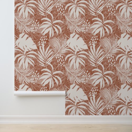 White Palm Leaf Pattern Rose Taupe Wallpaper