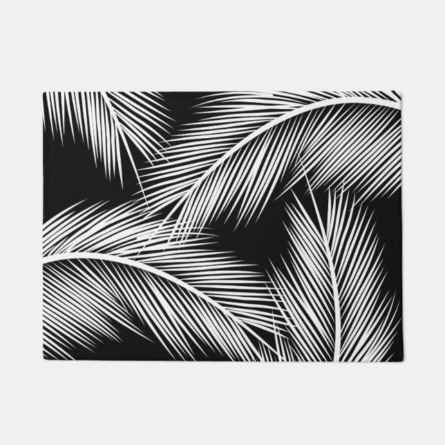 White palm leaves on black color background doormat (Front)