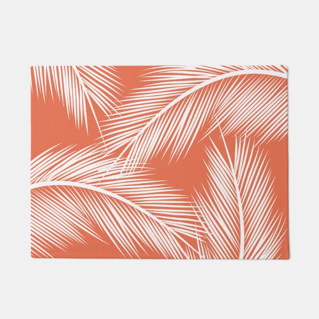 White palm leaves on salmon color background doormat (Front)