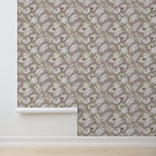 White Palm Leaves Pattern Gray Wallpaper (Application)