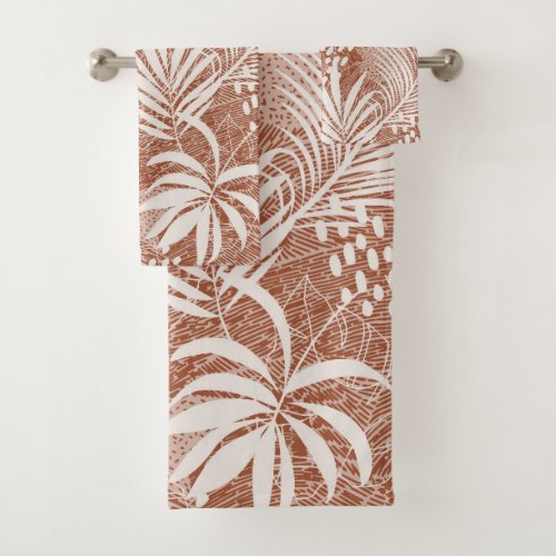 White Palm Leaves Rose Taupe  Bath Towel Set