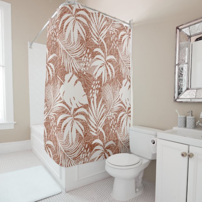 White Palm Leaves Rose Taupe  Shower Curtain (In Situ)