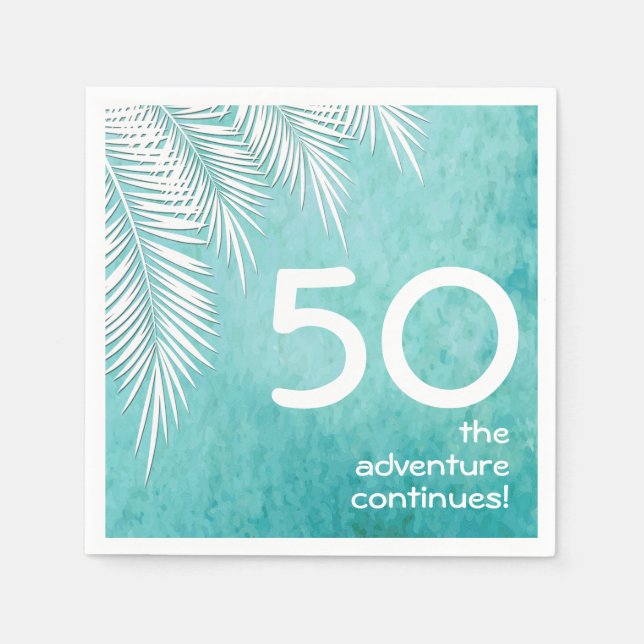 White Palm on Ocean Turquoise Blue Birthday Napkins (Front)
