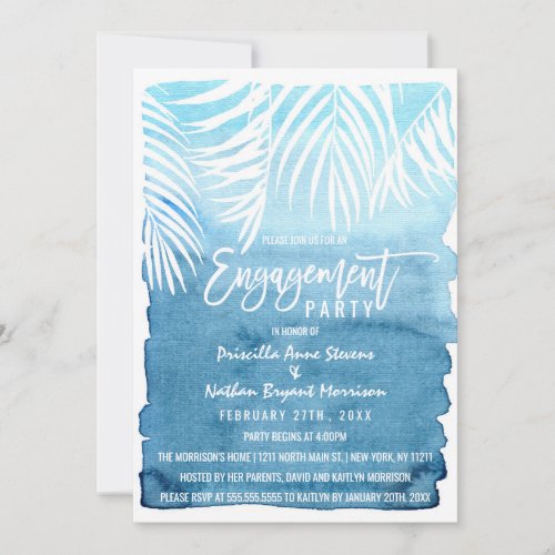 White Palm Tree Fronds Blue Watercolor Engagement Invitation