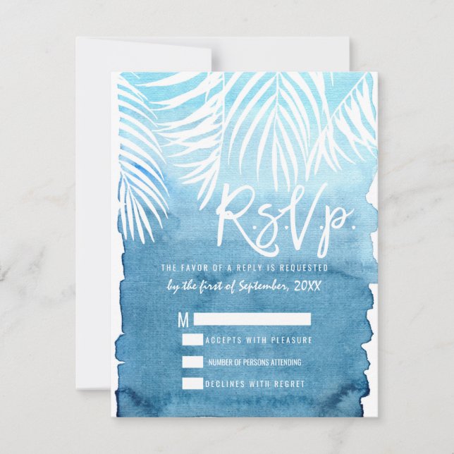 White Palm Tree Fronds Blue Watercolor RSVP Card (Front)