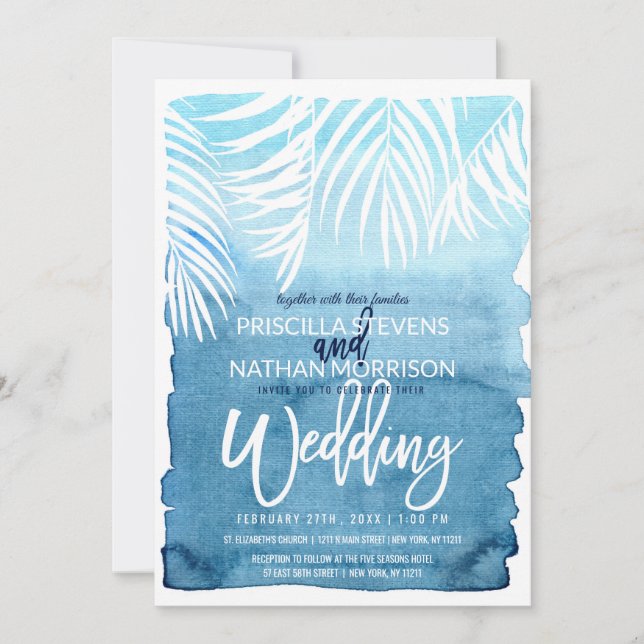 White Palm Tree Fronds Blue Watercolor Wedding Invitation (Front)