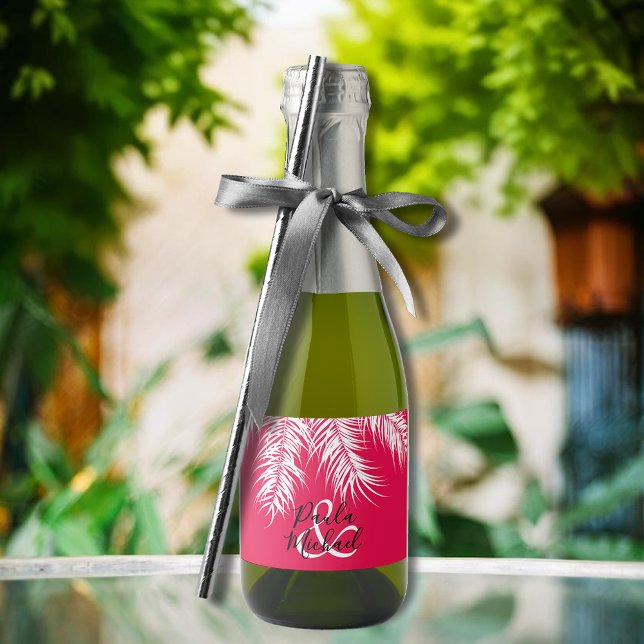 White Palm Tree Fronds on Tropical Hot PInk Mini Sparkling Wine Label (White palm tree fronds on hot pink mini sparkling wine label personalized for your wedding)