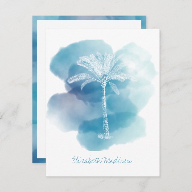 White Palm Tree on Blue Watercolor Personalized Note Card (Front/Back)