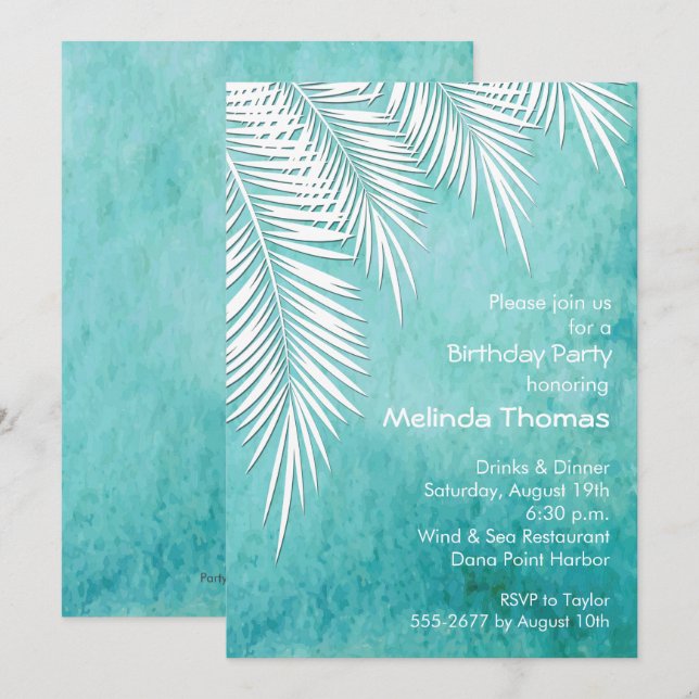 White Palm Trees on Ocean Blue Birthday Invitation (Front/Back)