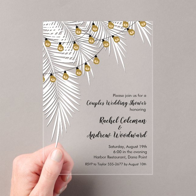 White Palms and String Lights Wedding Shower Acrylic Invitations (Insitu (Handheld))