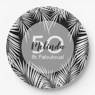 White Palms on Black Tropical Paper Plates