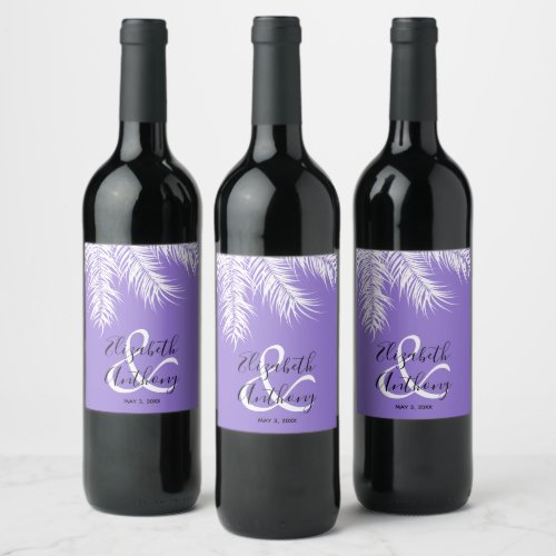 White Palms on Purple Background Wedding Wine Label
