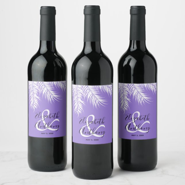 White Palms on Purple Background Wedding Wine Label (Bottles)
