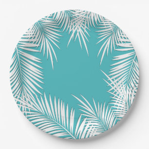 White Palms on Turquoise Tropical Paper Plates