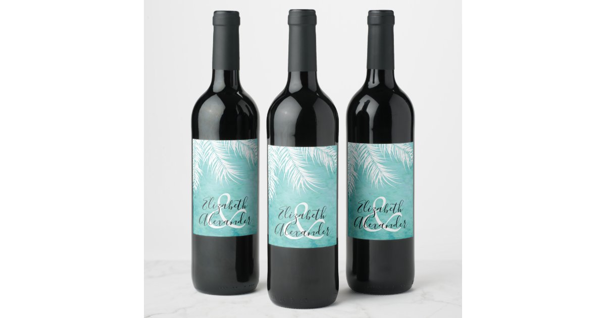 White Palms on Turquoise Wedding Personalized Wine Label | Zazzle