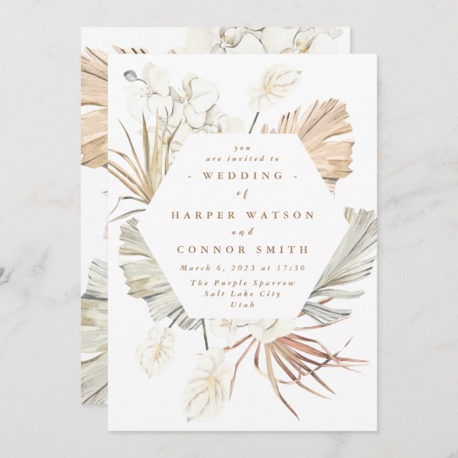 White Pampas Dried Grass Floral Tropical Jungle Invitation (Front/Back)