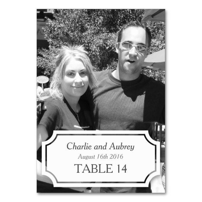 White Panel Personalized Wedding Photo Table Card (Front)