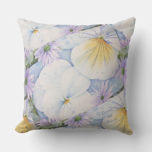 WHITE PANSIES AND PURPLE DAISIES FLOWER PATIO OUTDOOR PILLOW