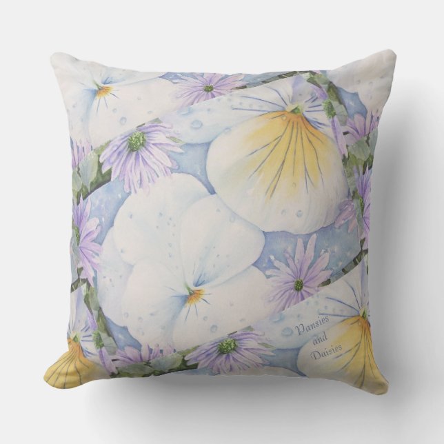 WHITE PANSIES AND PURPLE DAISIES FLOWER PATIO OUTDOOR PILLOW (Front)