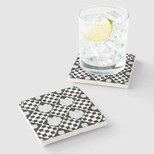 White Pansy And Black Diamond Pattern, Stone Coaster