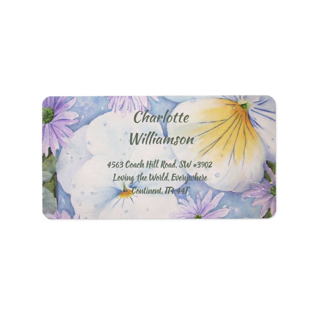 White Pansy Flowers in Watercolor Address Label Zazzle